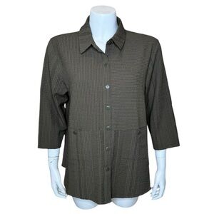 Habitat Button-front Shirt Top Blouse M Puckered Lagenlook Olive Green